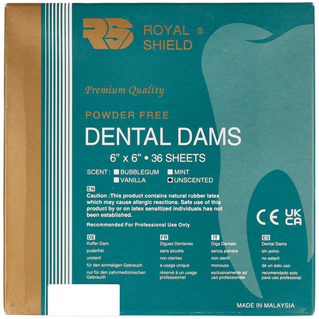 Royal Shield Dental Dam, blue, unscented, heavy, 36 pcs, 6x6