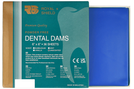 Royal Shield Dental Dam, blue, unscented, heavy, 36 pcs, 6x6